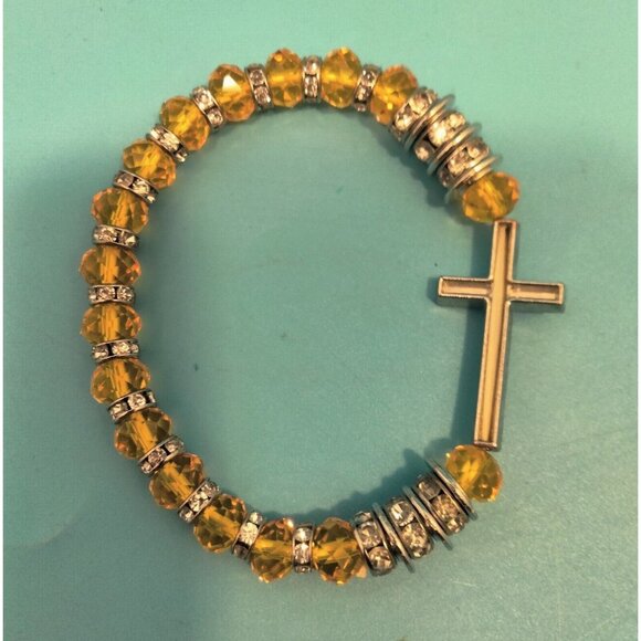 Silver Gold Rhinestone Cross Bracelet Crystal Beaded stretch Easter 7 in - Picture 3 of 5